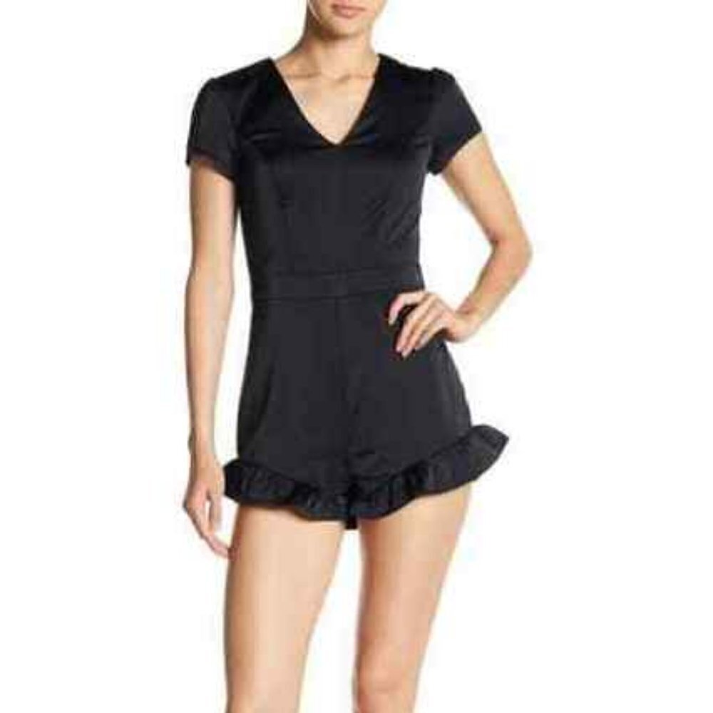 bebe Romper Women's Size 10 Black Ruffle Trim Satiny Clubwear Party